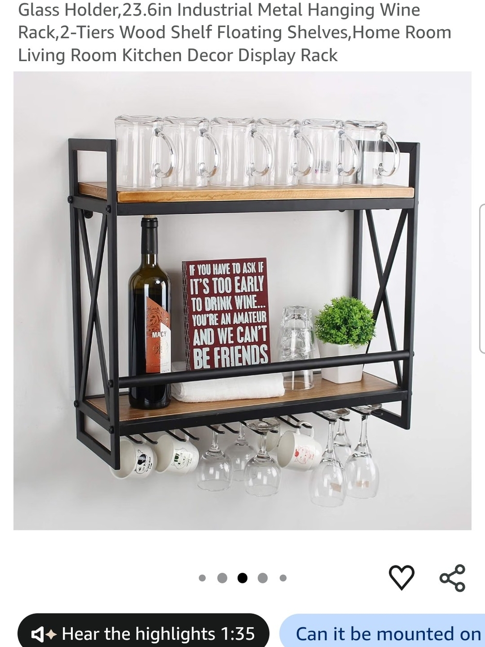 MBQQ Rustic Wall Mounted Wine Racks with 6 Stem Glass Holder,23.6in Industrial M